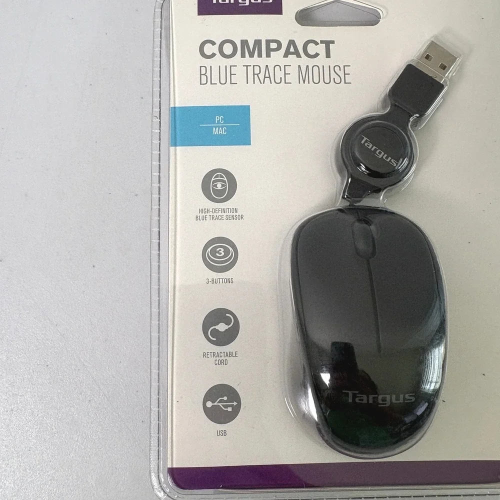 Targus Compact Blue Trace Mouse PC Mac Black Retractable USB Cord AMU625
